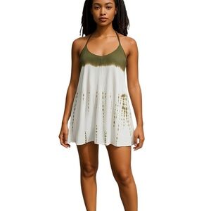 Umgee Medium Cream Green Tie Dye Mini Racerback Dress Boho Neutral Hippy